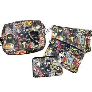 Tokidoki Robbery Crossbones Heart Bag Set (4) Colorful Makeup Travel Vintage
